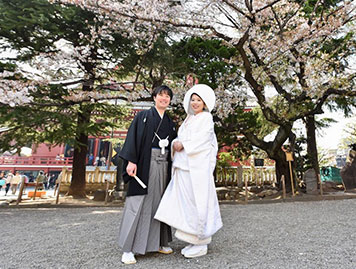 桜の木の前に立つ和装姿の花嫁と花婿